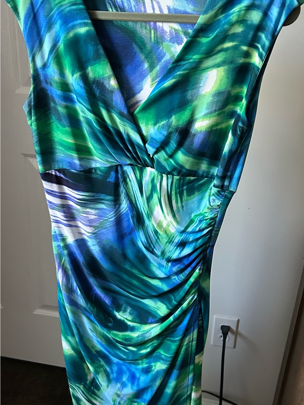 Sleeveless V-Neck Green & Blue Watercolor Midi Dress